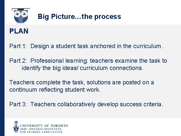 Big Picture…the process PLAN Part 1: Design a student task anchored in the curriculum.