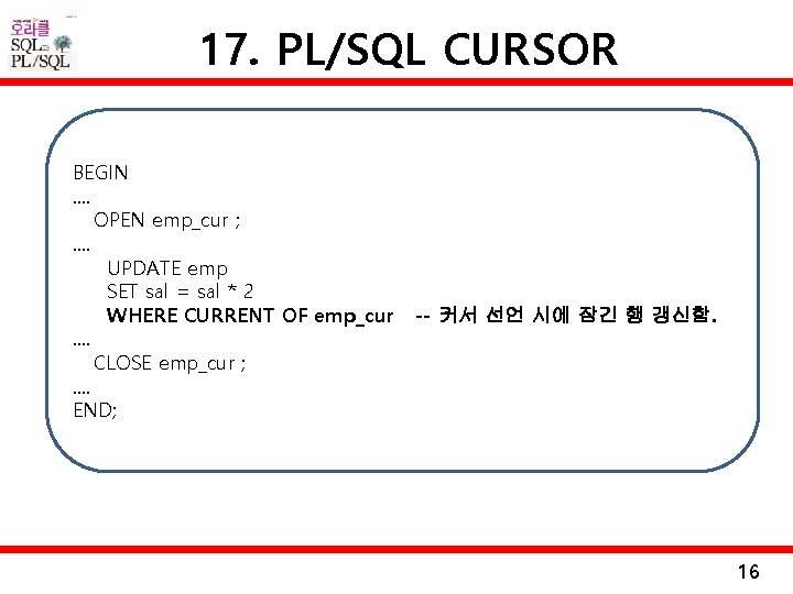 17. PL/SQL CURSOR BEGIN. . OPEN emp_cur ; . . UPDATE emp SET sal