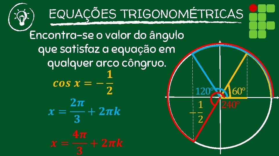 EQUAÇÕES TRIGONOMÉTRICAS Encontra-se o valor do ângulo que satisfaz a equação em qualquer arco