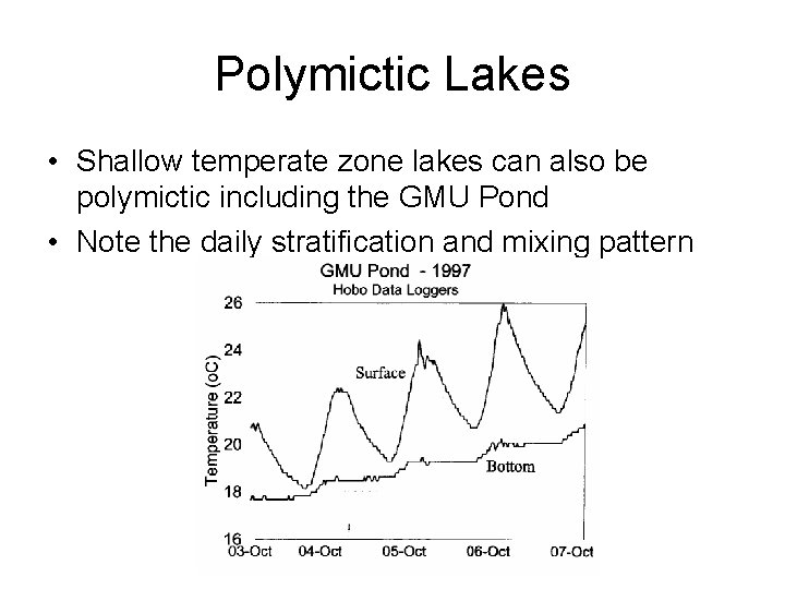 Polymictic Lakes • Shallow temperate zone lakes can also be polymictic including the GMU