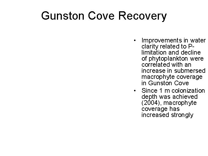 Gunston Cove Recovery • Improvements in water clarity related to Plimitation and decline of