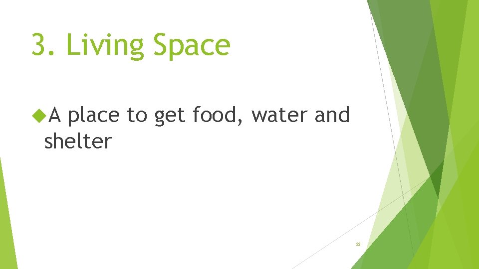 3. Living Space A place to get food, water and shelter 22 