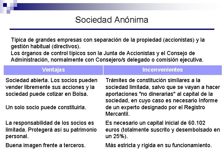 Sociedad Anónima Típica de grandes empresas con separación de la propiedad (accionistas) y la