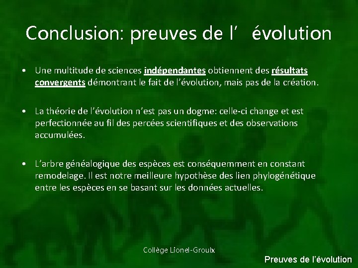 Conclusion: preuves de l’évolution • Une multitude de sciences indépendantes obtiennent des résultats convergents