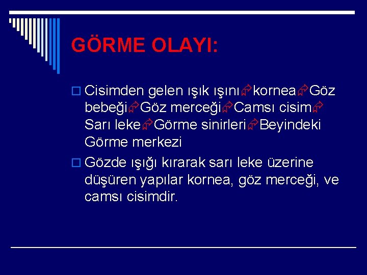 GÖRME OLAYI: o Cisimden gelen ışık ışını kornea Göz bebeği Göz merceği Camsı cisim