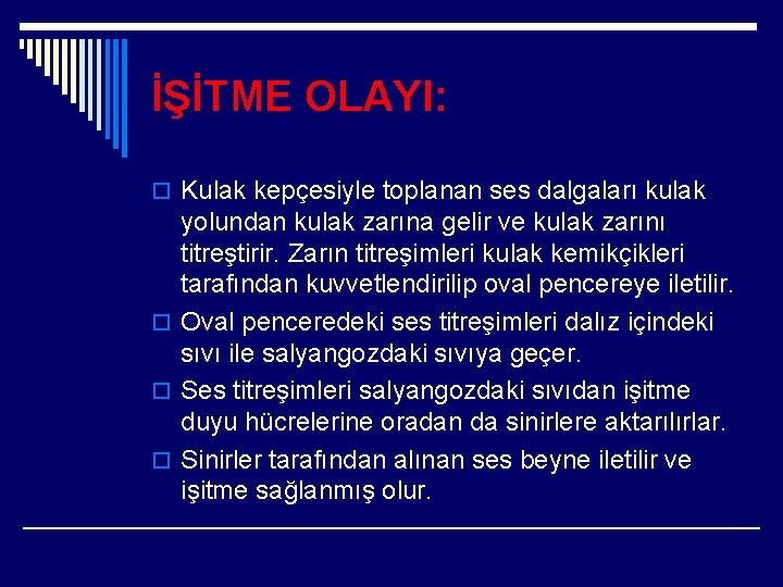 İŞİTME OLAYI: o Kulak kepçesiyle toplanan ses dalgaları kulak yolundan kulak zarına gelir ve