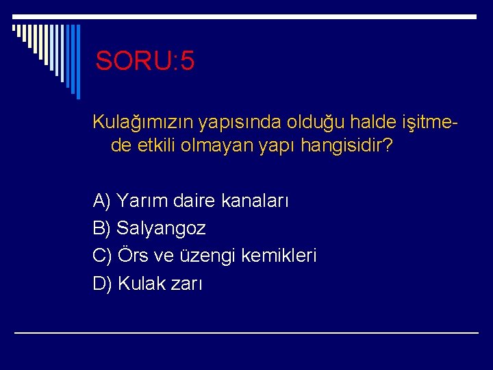 SORU: 5 Kulağımızın yapısında olduğu halde işitmede etkili olmayan yapı hangisidir? A) Yarım daire