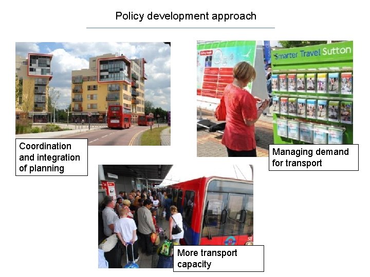 Policy development approach Coordination and integration of planning Managing demand for transport More transport