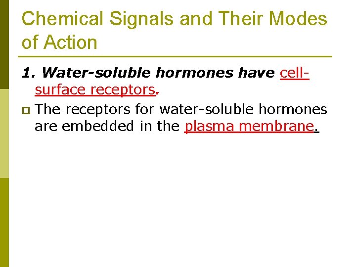 Chemical Signals and Their Modes of Action 1. Water-soluble hormones have cellsurface receptors. p