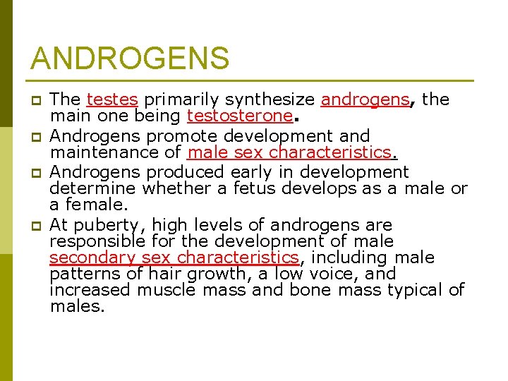 ANDROGENS p p The testes primarily synthesize androgens, the main one being testosterone. Androgens