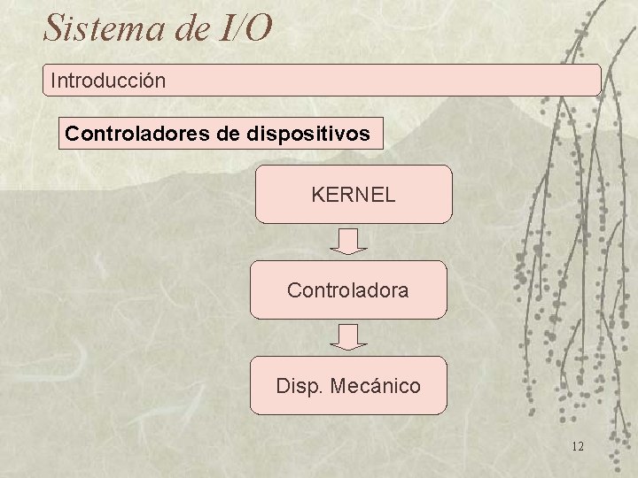 Sistema de I/O Introducción Controladores de dispositivos KERNEL Controladora Disp. Mecánico 12 