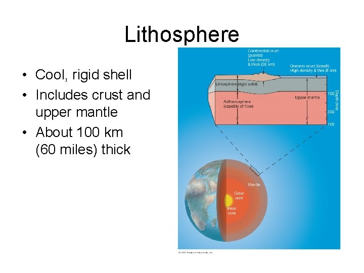 Lithosphere • Cool, rigid shell • Includes crust and upper mantle • About 100