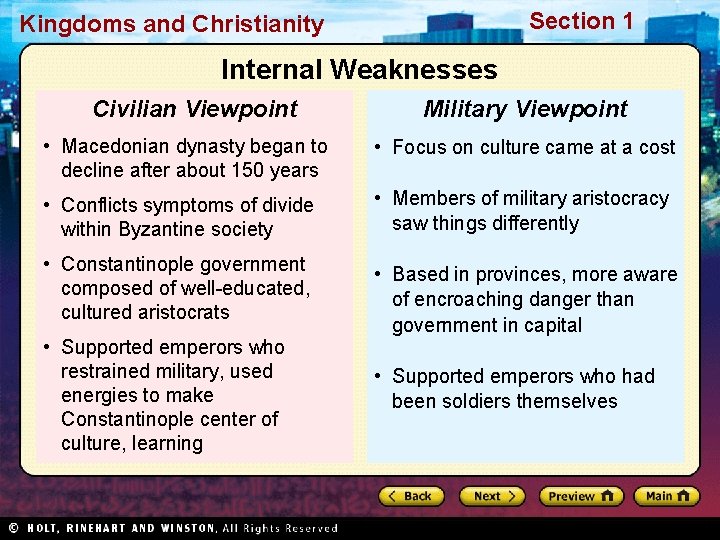 Section 1 Kingdoms and Christianity Internal Weaknesses Civilian Viewpoint Military Viewpoint • Macedonian dynasty