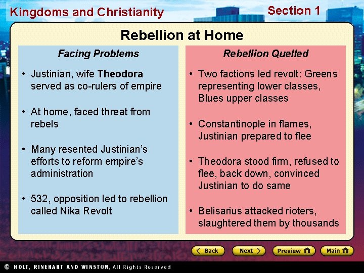 Section 1 Kingdoms and Christianity Rebellion at Home Facing Problems • Justinian, wife Theodora
