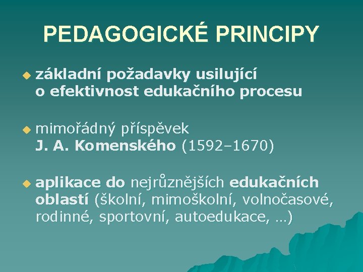 PEDAGOGICKÉ PRINCIPY u u u základní požadavky usilující o efektivnost edukačního procesu mimořádný příspěvek