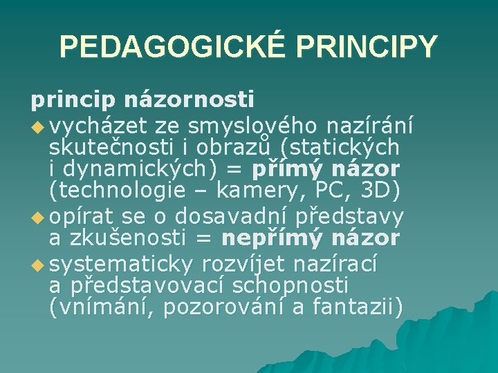 PEDAGOGICKÉ PRINCIPY princip názornosti u vycházet ze smyslového nazírání skutečnosti i obrazů (statických i