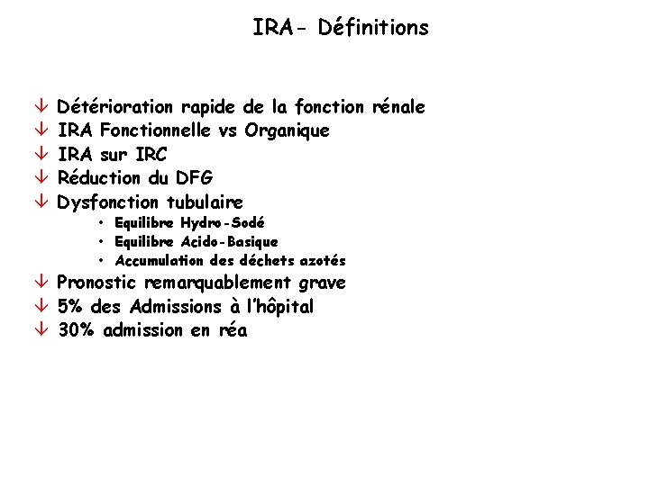 IRA- Définitions â â â Détérioration rapide de la fonction rénale IRA Fonctionnelle vs IRA- Définitions â â â Détérioration rapide de la fonction rénale IRA Fonctionnelle vs
