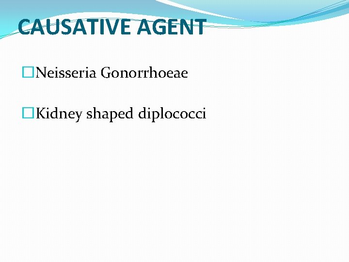 CAUSATIVE AGENT �Neisseria Gonorrhoeae �Kidney shaped diplococci 