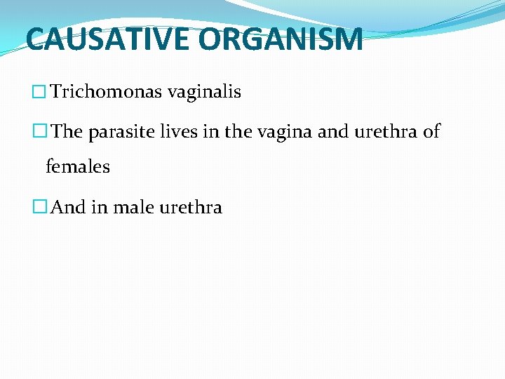 CAUSATIVE ORGANISM � Trichomonas vaginalis � The parasite lives in the vagina and urethra