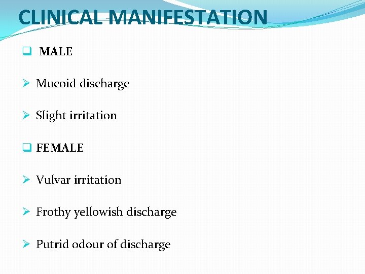 CLINICAL MANIFESTATION q MALE Ø Mucoid discharge Ø Slight irritation q FEMALE Ø Vulvar