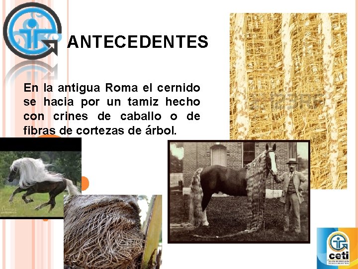 ANTECEDENTES En la antigua Roma el cernido se hacia por un tamiz hecho con