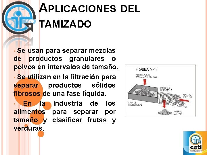 APLICACIONES DEL TAMIZADO Se usan para separar mezclas de productos granulares o polvos en