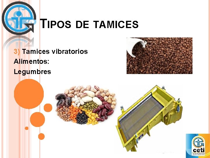 TIPOS DE TAMICES 3) Tamices vibratorios Alimentos: Legumbres 