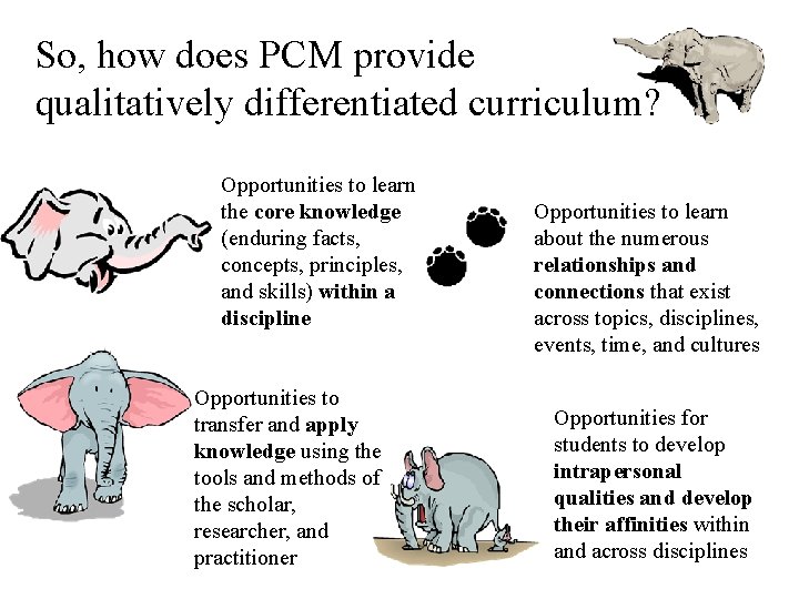 So, how does PCM provide qualitatively differentiated curriculum? Opportunities to learn the core knowledge