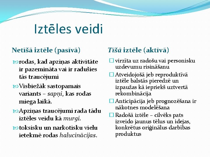 Iztēles veidi Netīšā iztēle (pasīvā) Tīšā iztēle (aktīvā) rodas, kad apziņas aktivitāte ir pazemināta