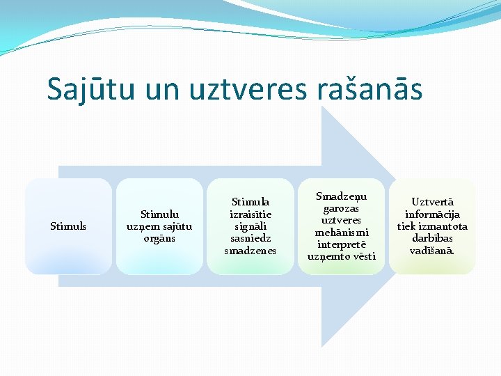 Sajūtu un uztveres rašanās Stimulu uzņem sajūtu orgāns Stimula izraisītie signāli sasniedz smadzenes Smadzeņu