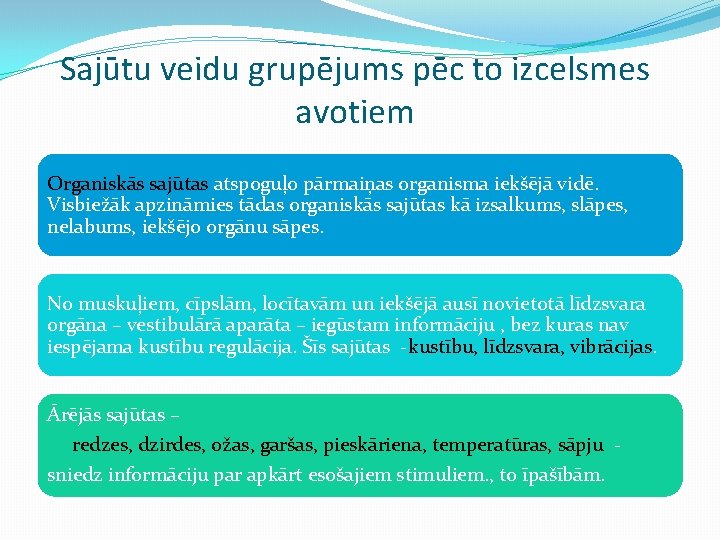 Sajūtu veidu grupējums pēc to izcelsmes avotiem Organiskās sajūtas atspoguļo pārmaiņas organisma iekšējā vidē.