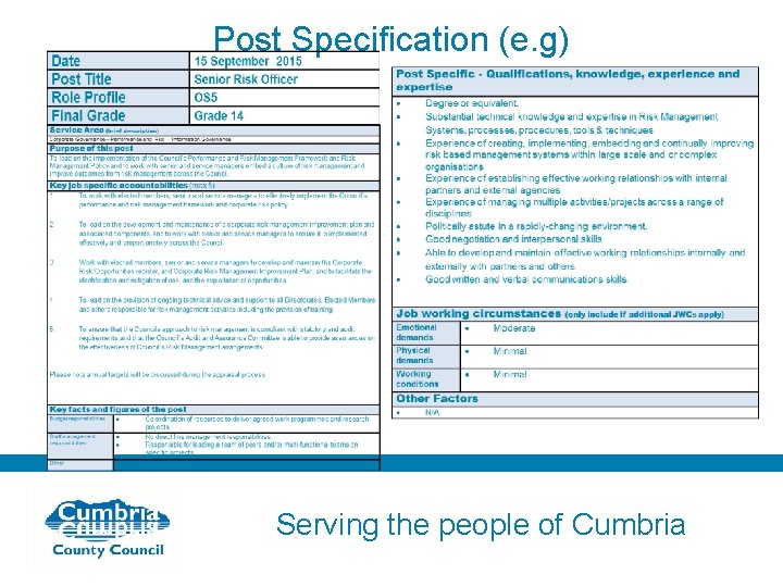 Post Specification (e. g) Serving the people of Cumbria 