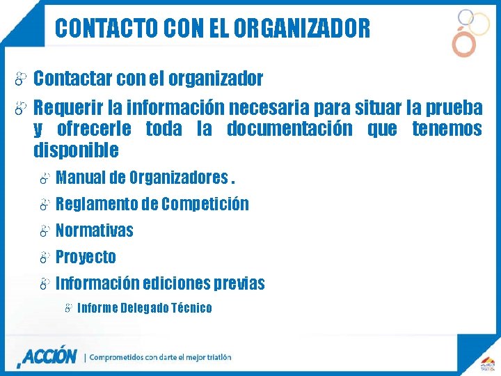 CONTACTO CON EL ORGANIZADOR Contactar con el organizador Requerir la información necesaria para situar