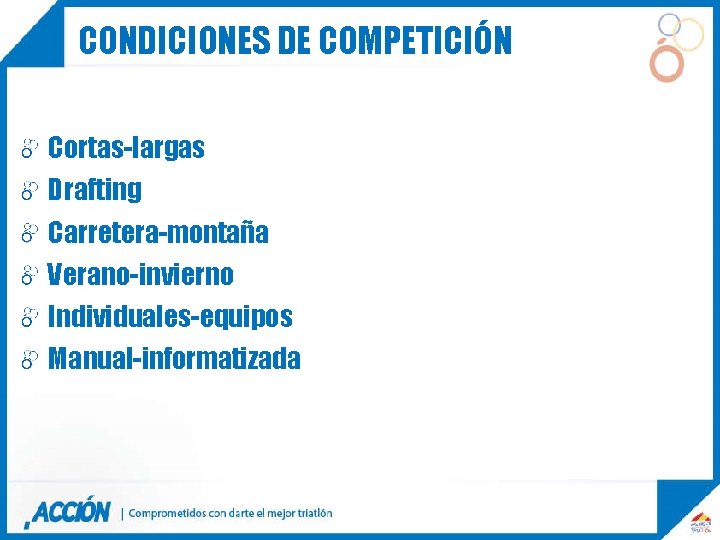 CONDICIONES DE COMPETICIÓN Cortas-largas Drafting Carretera-montaña Verano-invierno Individuales-equipos Manual-informatizada 