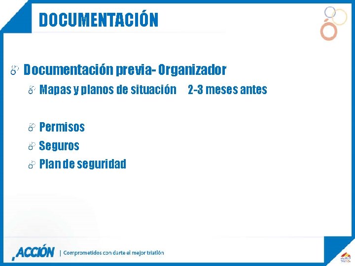 DOCUMENTACIÓN DOCUMENTACION Documentación previa- Organizador Mapas y planos de situación 2 -3 meses antes