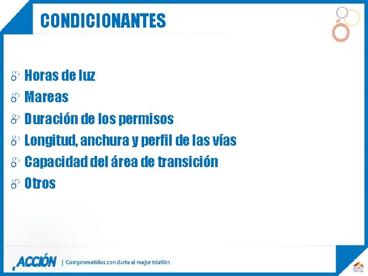 CONDICIONANTES Horas de luz Mareas Duración de los permisos Longitud, anchura y perfil de