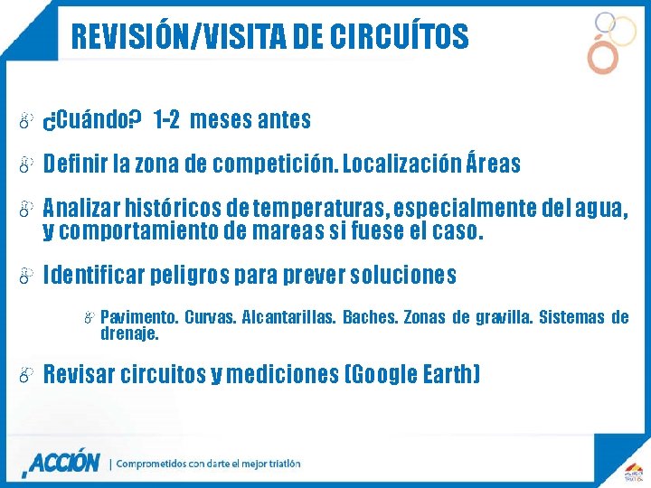 REVISIÓN/VISITA DE CIRCUÍTOS ¿Cuándo? 1 -2 meses antes Definir la zona de competición. Localización