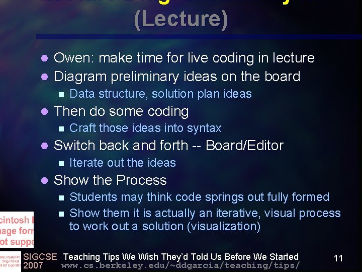 Lecture Diagram/Edit Cycle (Lecture) Owen: make time for live coding in lecture l Diagram