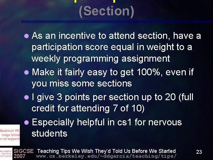 Section participation score (Section) l As an incentive to attend section, have a participation