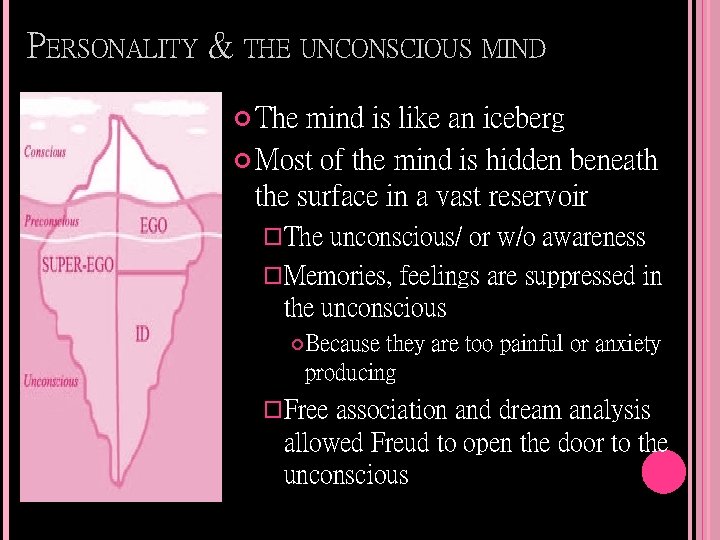 PERSONALITY & THE UNCONSCIOUS MIND The mind is like an iceberg Most of the