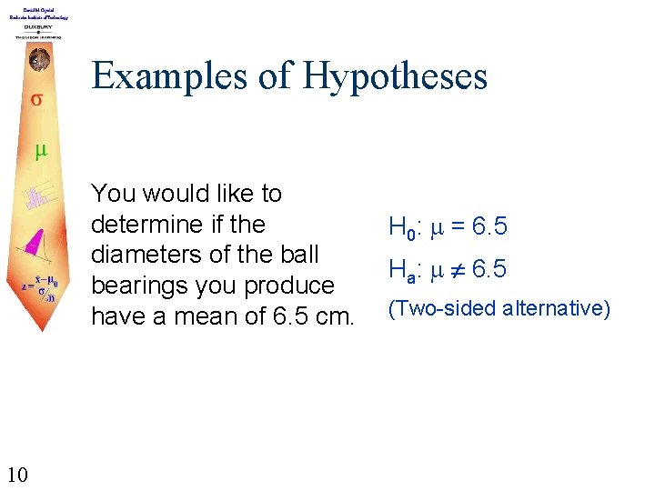 Examples of Hypotheses You would like to determine if the diameters of the ball