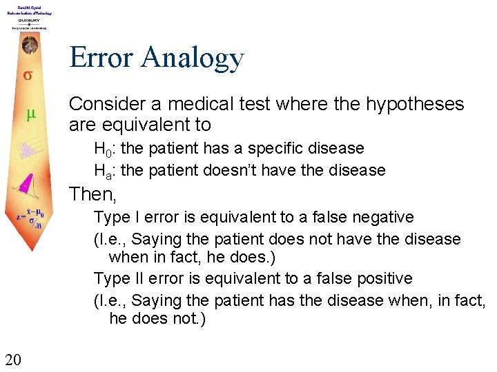 Error Analogy Consider a medical test where the hypotheses are equivalent to H 0: