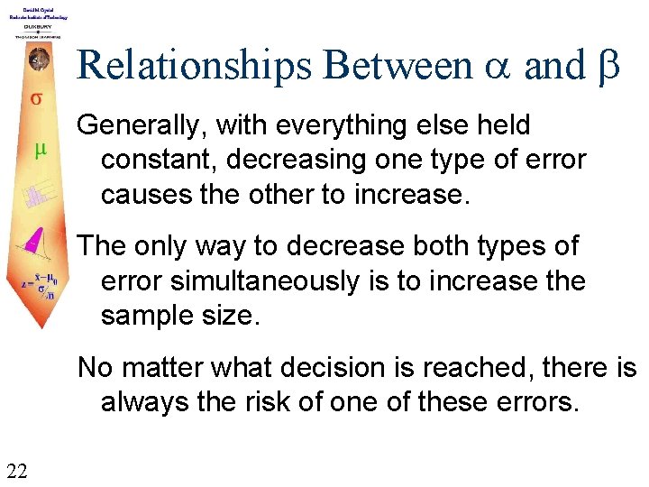 Relationships Between and Generally, with everything else held constant, decreasing one type of error