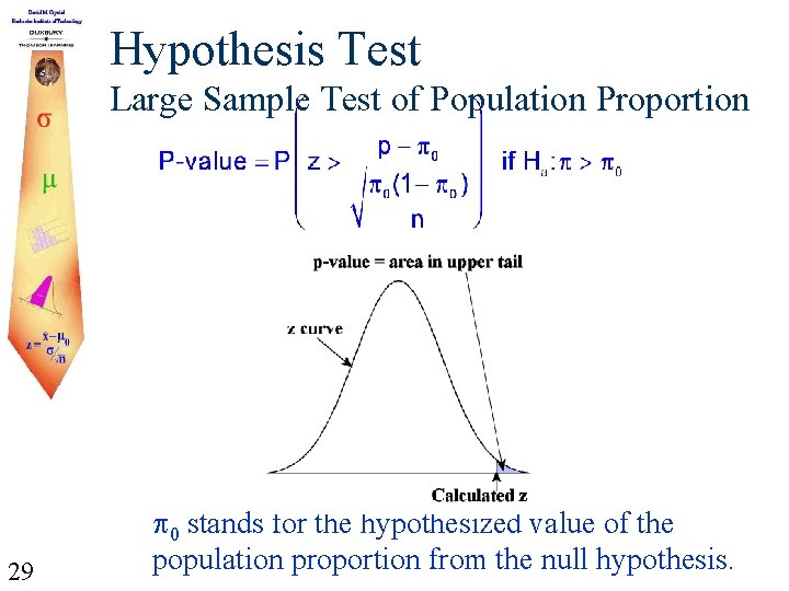 Hypothesis Test Large Sample Test of Population Proportion 29 p 0 stands for the