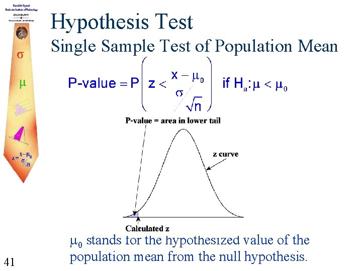 Hypothesis Test Single Sample Test of Population Mean 41 0 stands for the hypothesized