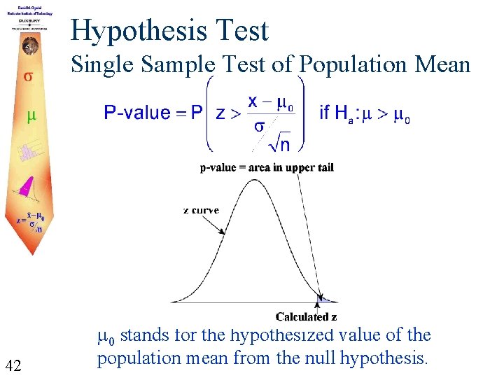 Hypothesis Test Single Sample Test of Population Mean 42 0 stands for the hypothesized