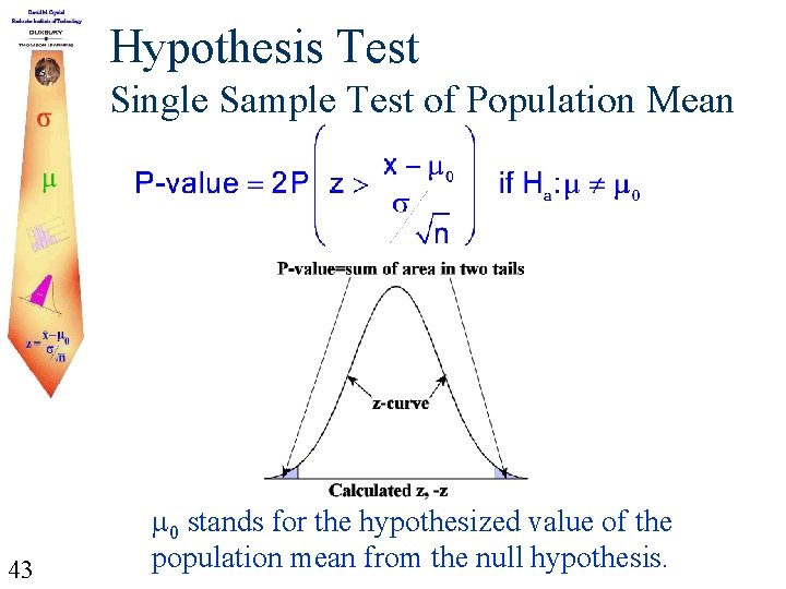 Hypothesis Test Single Sample Test of Population Mean 43 0 stands for the hypothesized