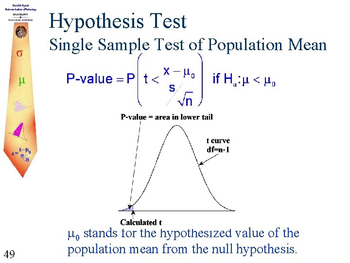 Hypothesis Test Single Sample Test of Population Mean 49 0 stands for the hypothesized