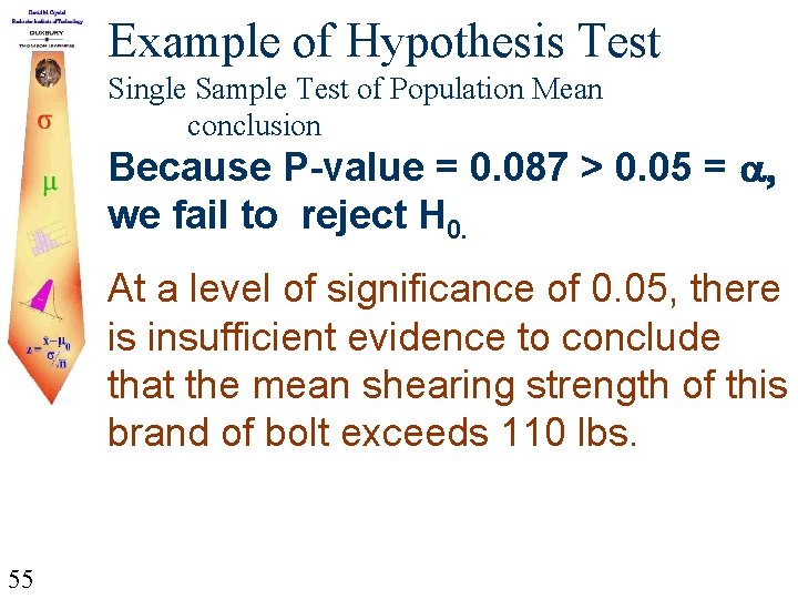 Example of Hypothesis Test Single Sample Test of Population Mean conclusion Because P-value =