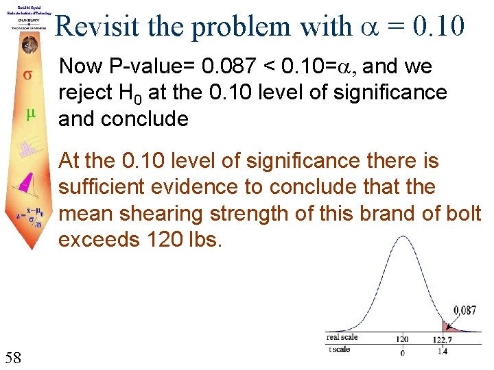 Revisit the problem with = 0. 10 Now P-value= 0. 087 < 0. 10=